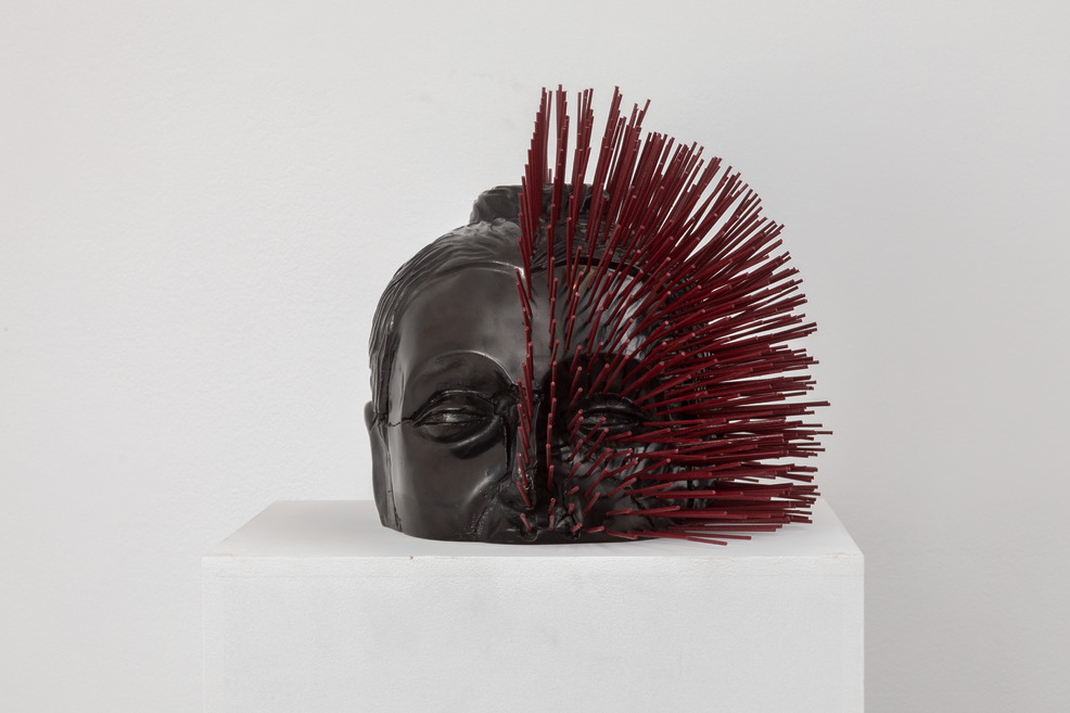 Prune Nourry, La destruction n'est pas une fin en soi (Tête avec encens), 2019 Bronze, black patina, stainless steel incense 30 × 35 × 30 cm — 11 3/4 × 13 3/4 × 11 3/4 in.