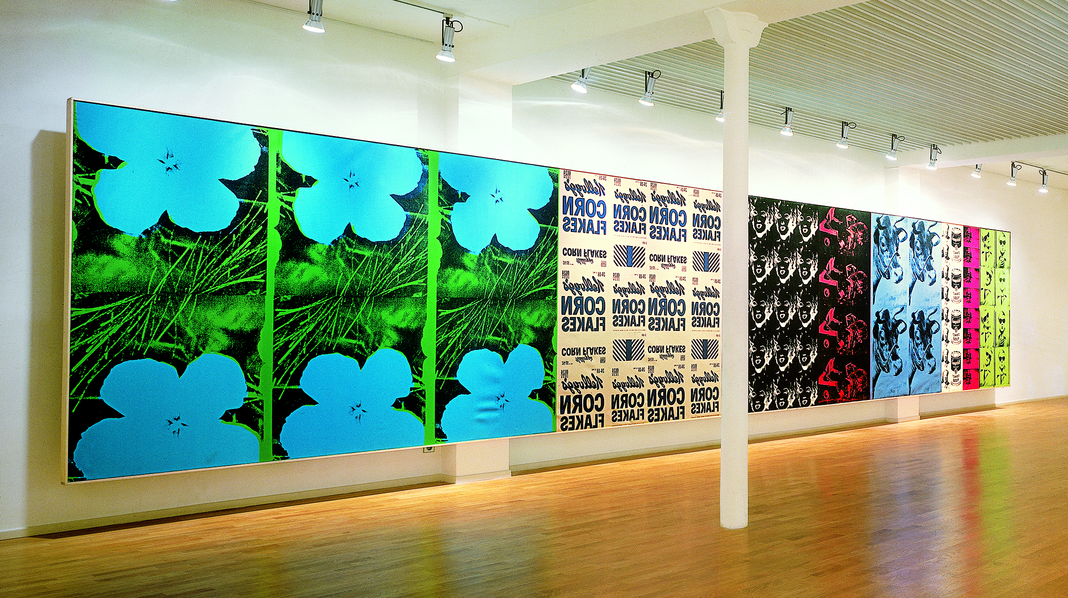 Exhibition view of Andy Warhol's Reversal Series at Gallery Templon, Paris, 1980. The exhibited artwork is Rétrospective (Reversal Series), 1979, acrylic and serigraphy on canvas.