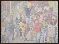 Alioune Diagne Bankat Yi - Protestants , 2024 Acrylic on canvas 179 × 240 cm — 70 1/2 × 94 1/2 in. unframed 183,5 × 244,5 cm — 72 1/4 × 96 1/4 in. framed