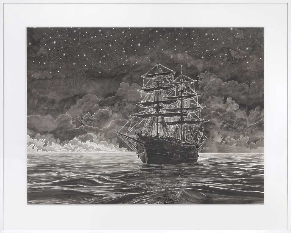 Hans Op de Beeck, The Vessel, 2024 Watercolor on paper 89,2 × 118,7 cm — 35 × 46 3/4 in. unframed 118 × 147 × 3,5 cm — 46 1/2 × 57 3/4 × 1 1/2 in. framed