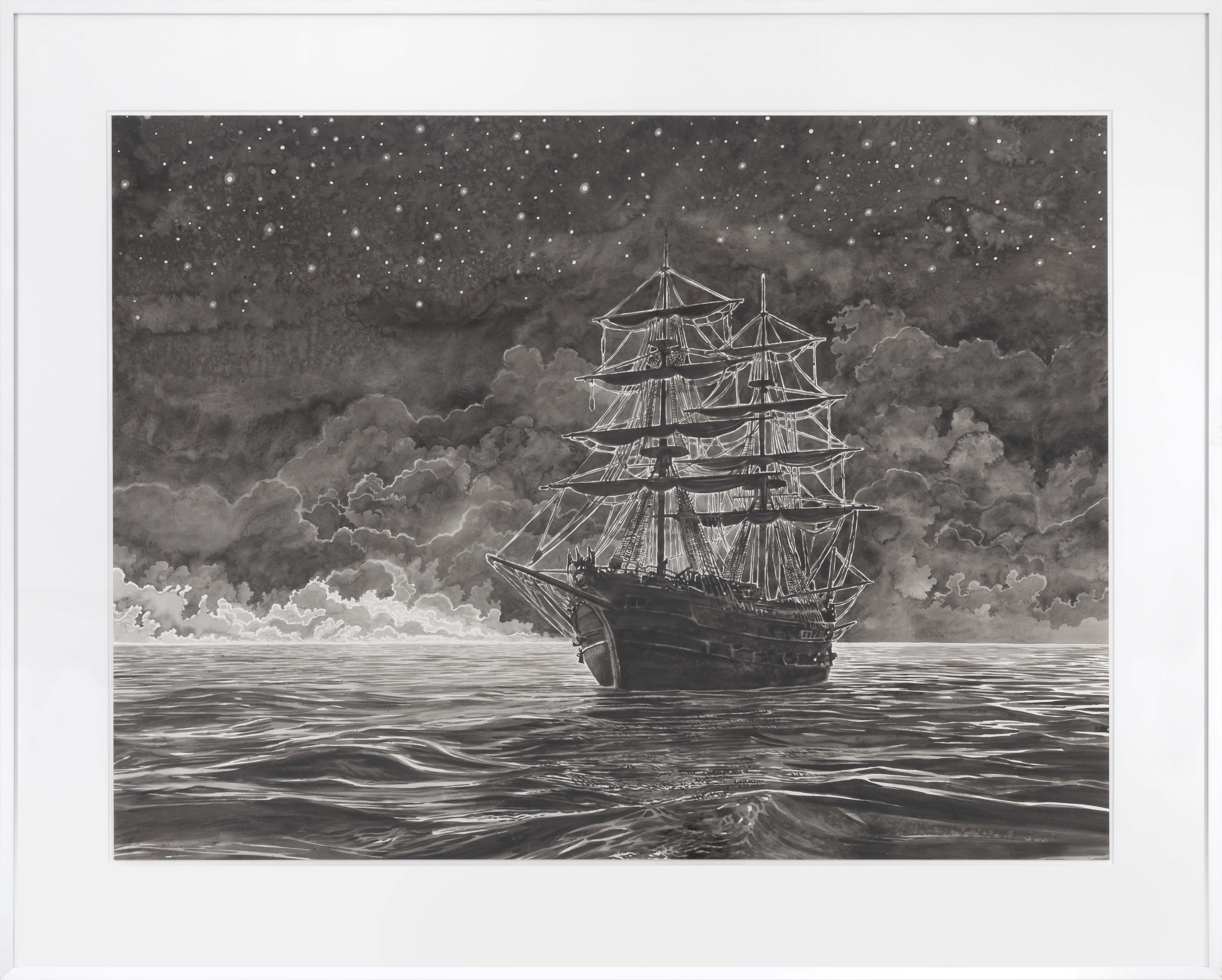 Hans Op de Beeck, The Vessel, 2024 Watercolor on paper 89,2 × 118,7 cm — 35 × 46 3/4 in. unframed 118 × 147 × 3,5 cm — 46 1/2 × 57 3/4 × 1 1/2 in. framed