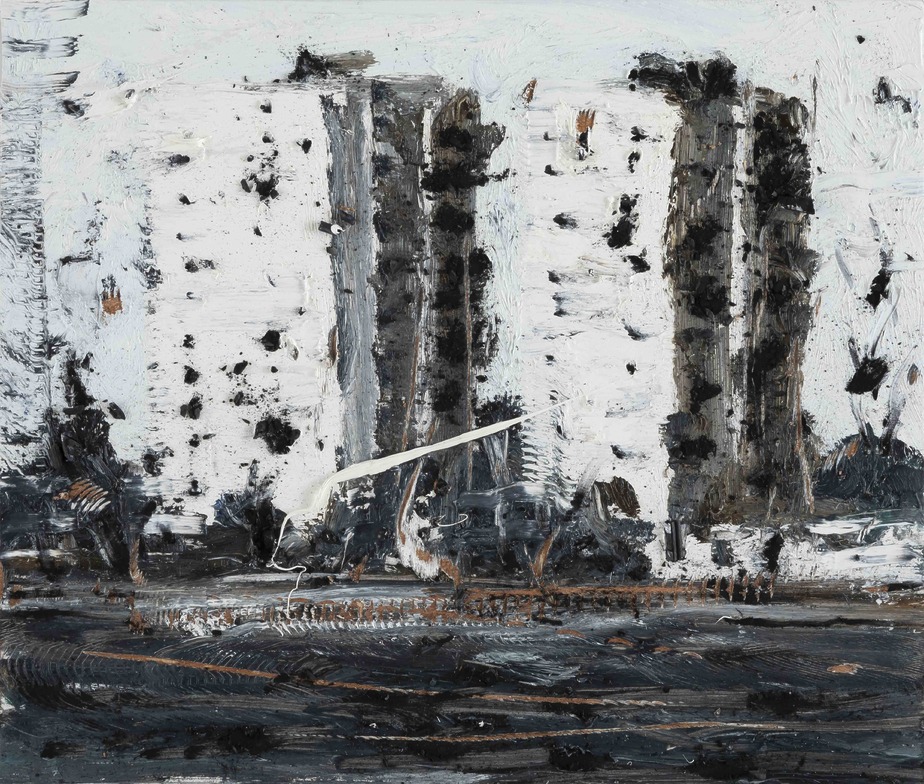 Philippe Cognée, Traverser la ville 3, 2024, peinture à l'huile et fusain sur bois.