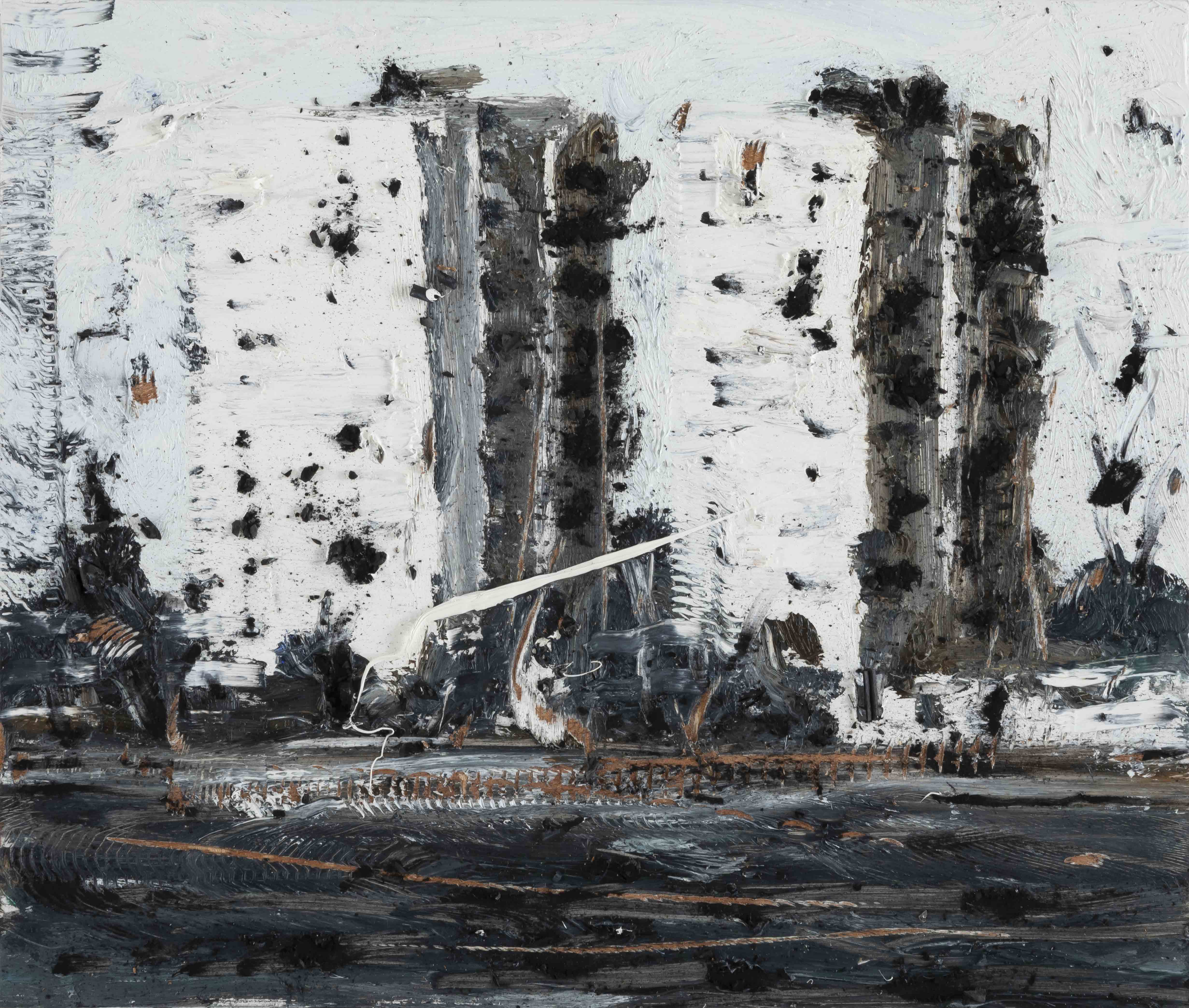 Philippe Cognée, Traverser la ville 3, 2024, peinture à l'huile et fusain sur bois.