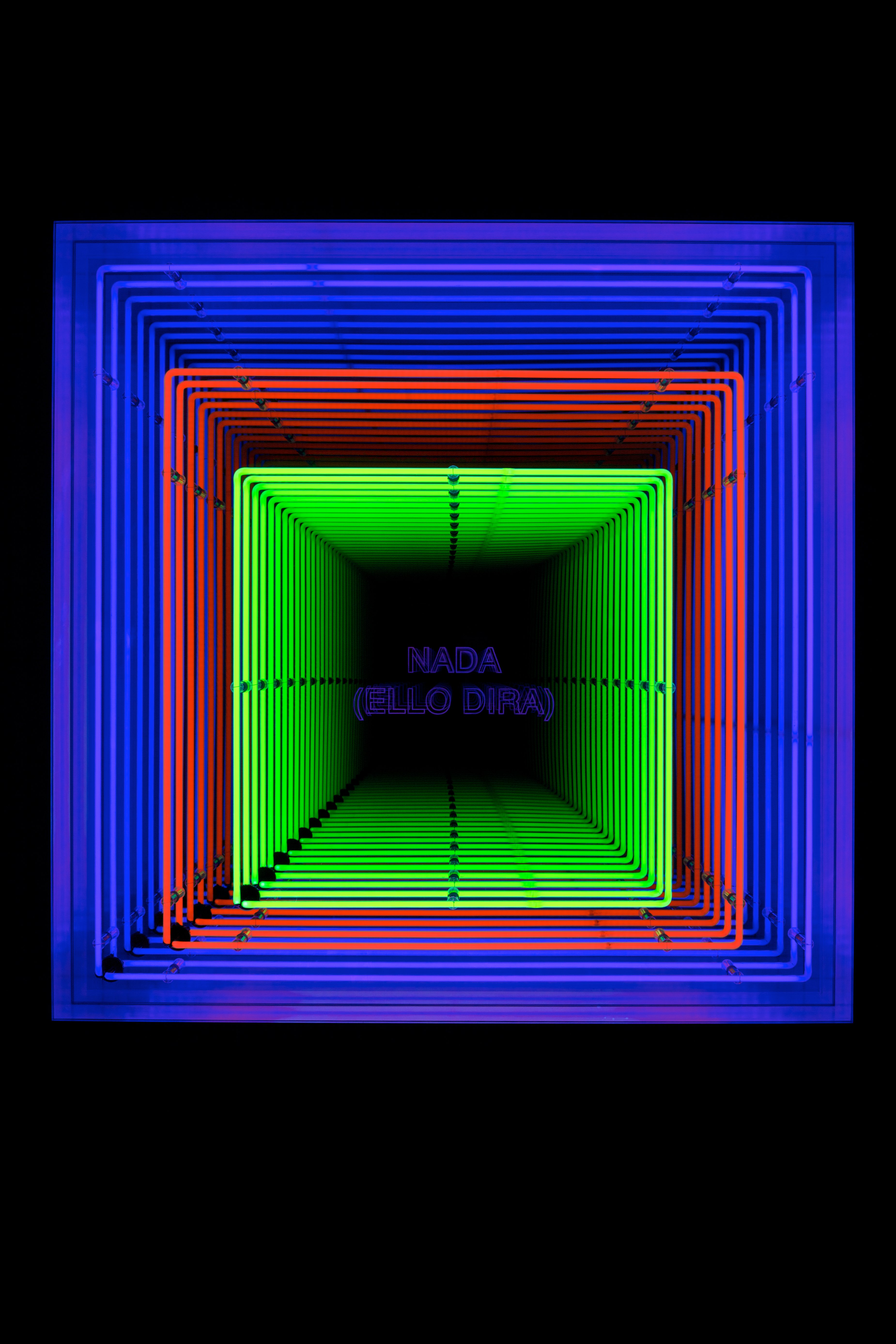 Iván Navarro, Nada (Ello Dira) , 2013 Neon light, wooden box, paint, mirror, one-way mirror and electric energy 122 × 122 × 25.5 cm