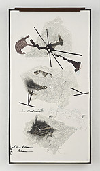 JITISH KALLAT Albedo (Point of Incidence), 2024-2025 Water-based road marking paint,thermochromic pigment, gesso, watercolour,acrylic, orgainc gum, coffeepigment, charcoal, and mixed media on linen. 88,5 × 47 cm,5 — 35 × 19 in.