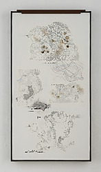 JITISH KALLAT Albedo (Point of Incidence),2024-2025 Peinture à base d'eau pour marquage routier, pigment thermochromique,gesso, aquarelle, acrylique, gomme organique, pigment de café, charbon debois et techniques mixtes sur lin Water-based road marking paint, thermochromic pigment, gesso, watercolour,acrylic, orgainc gum, coffeepigment, charcoal, and mixed media on linen.158 × 127,5 cm — 62 × 50 in.