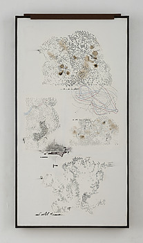 JITISH KALLAT Albedo (Point of Incidence),2024-2025 Peinture à base d'eau pour marquage routier, pigment thermochromique,gesso, aquarelle, acrylique, gomme organique, pigment de café, charbon debois et techniques mixtes sur lin Water-based road marking paint, thermochromic pigment, gesso, watercolour,acrylic, orgainc gum, coffeepigment, charcoal, and mixed media on linen.158 × 127,5 cm — 62 × 50 in.