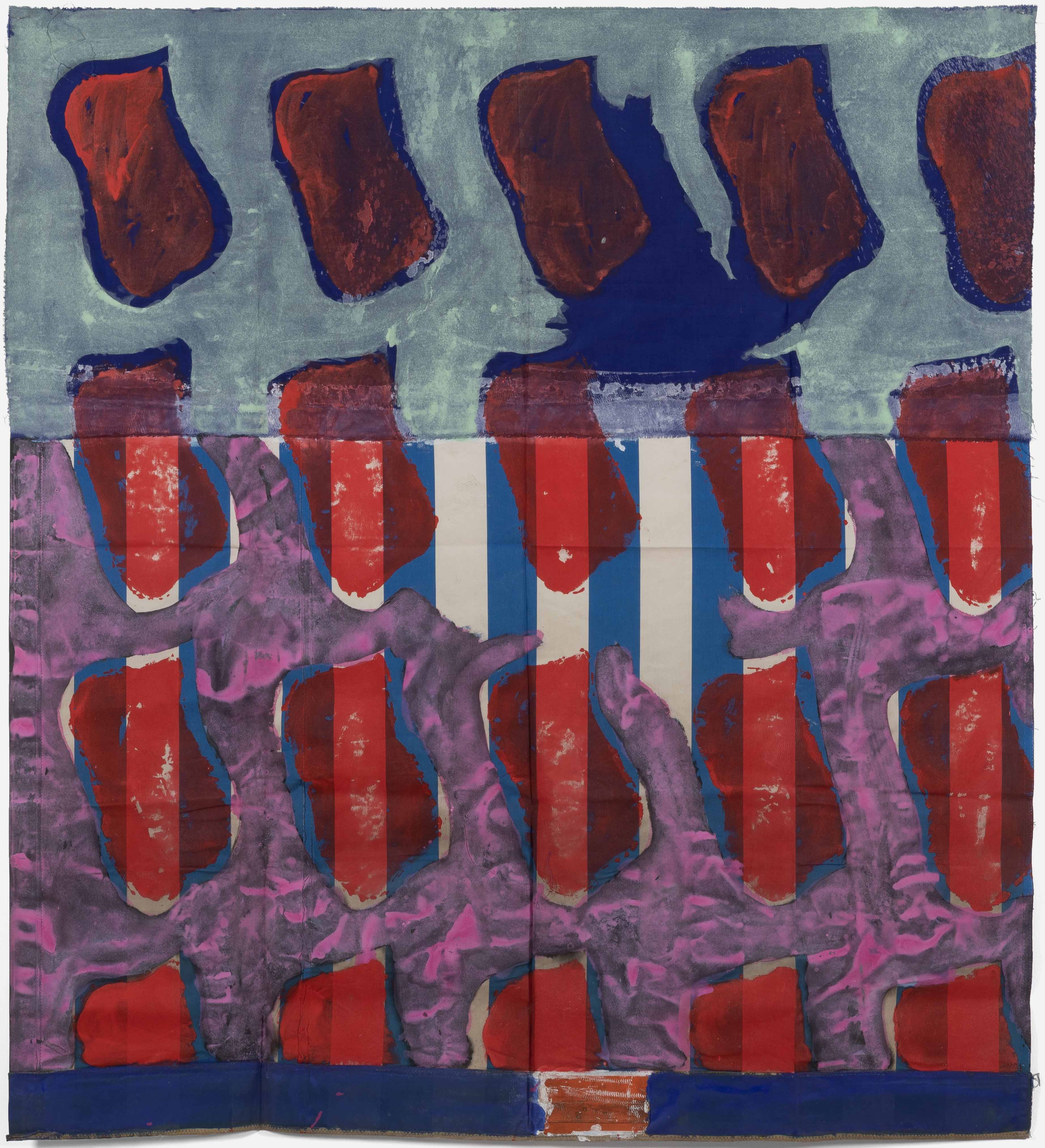 Claude Viallat Sans titre n°178 , 1993 Acrylic on assembled striped tarpaulin and light blue fabric 186 × 168 cm — 73 1/4 × 66 1/4 in.