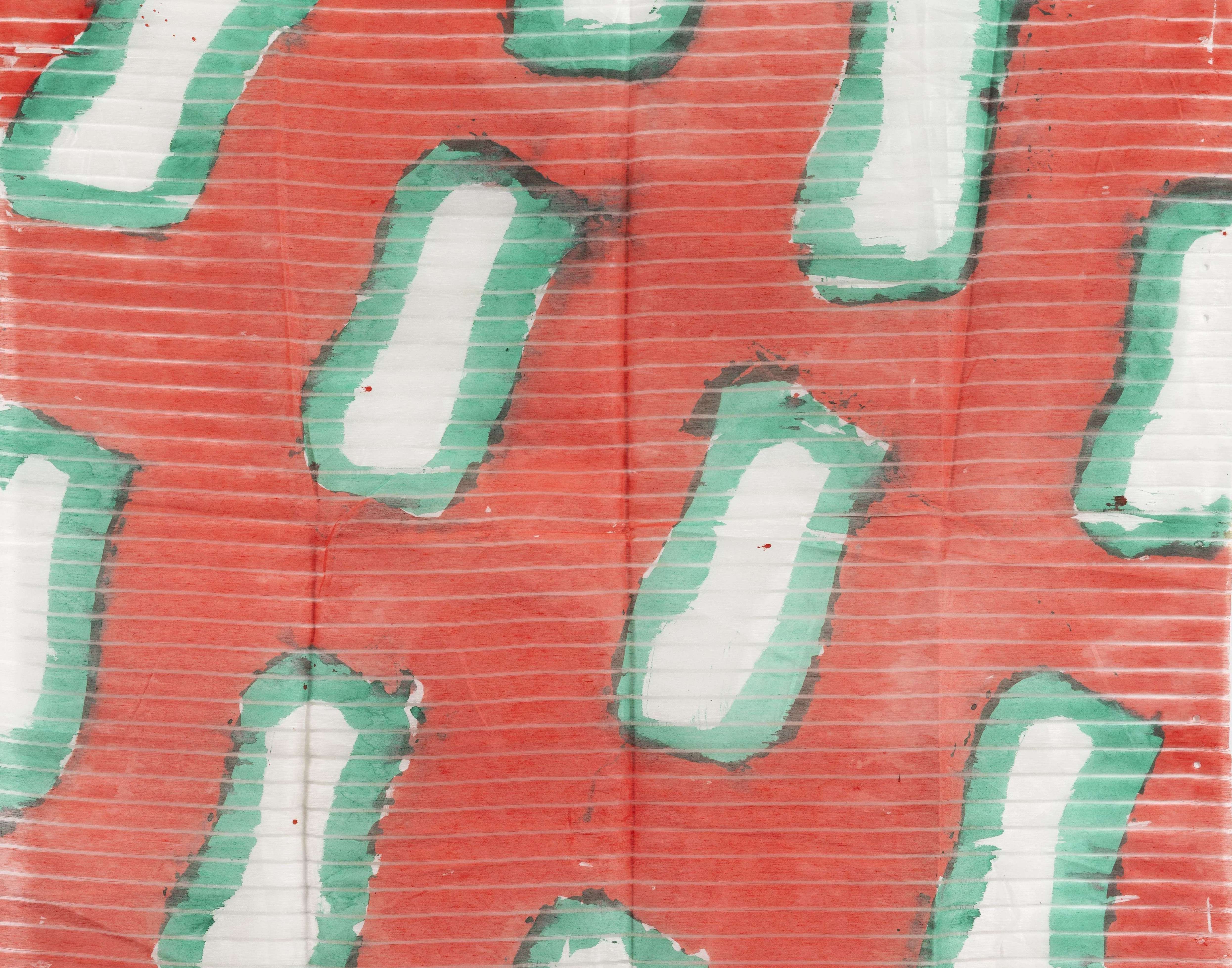 CLAUDE VIALLAT Sans titre n°36, 2026 Acrylique sur voilage rayé | Acrylic on stripped sheer curtain 113 × 116 cm — 44 1/2 × 45 3/4 in. Detail