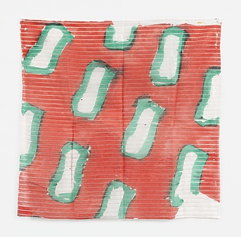CLAUDE VIALLAT Sans titre n°36, 2026 Acrylique sur voilage rayé | Acrylic on stripped sheer curtain 113 × 116 cm — 44 1/2 × 45 3/4 in.